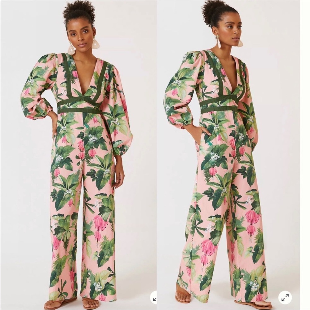 Farm rio x anthropology pink and green jumpsuit